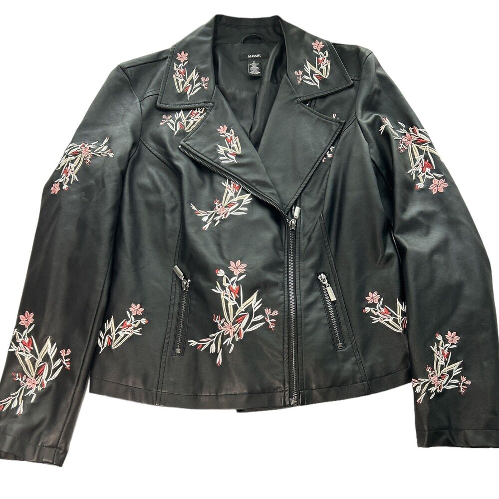 NWT Alfani Embroidered Moto Jacket Black Sz S Faux Vegan Leather Floral Biker - Picture 4 of 12